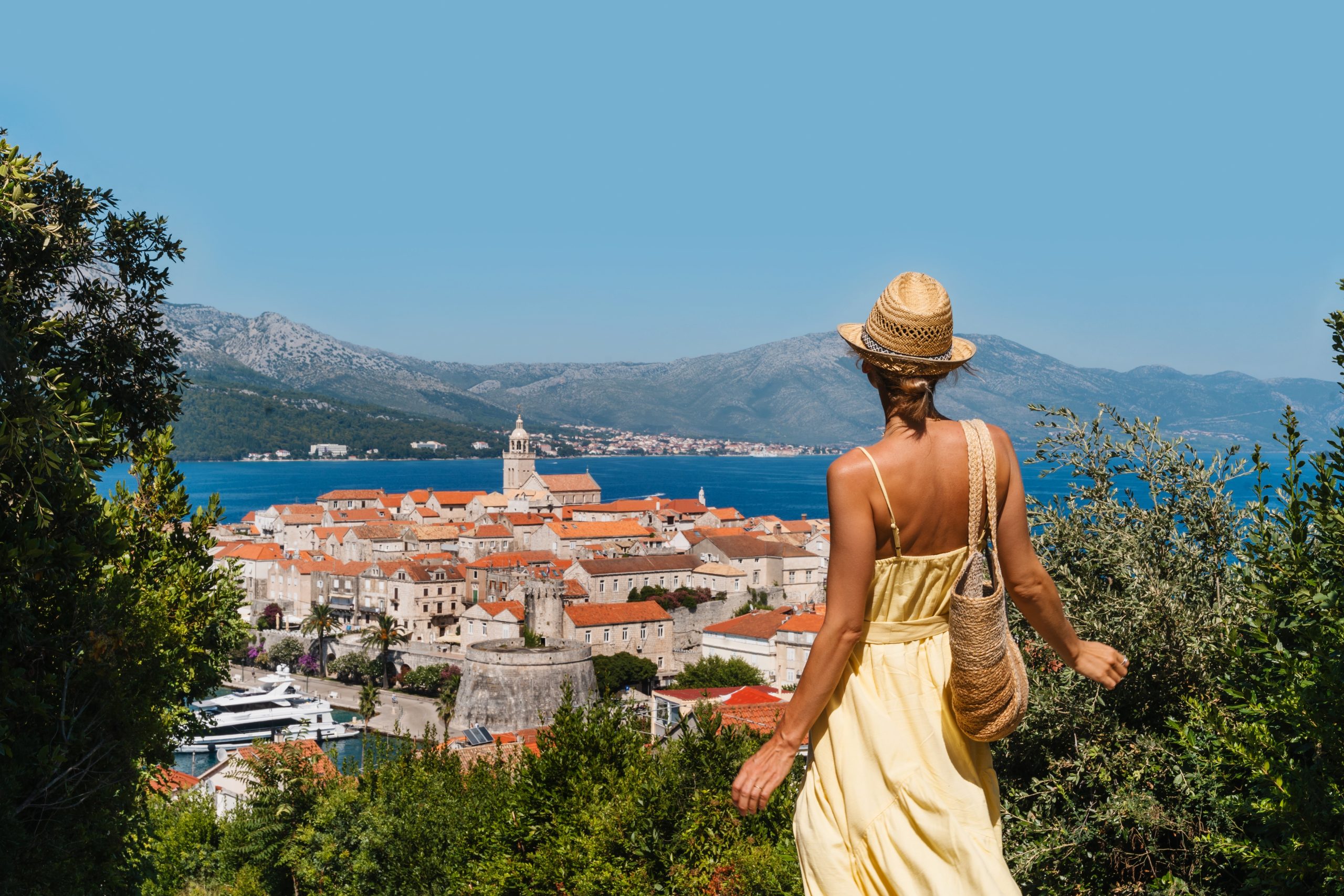 Female,Tourist,Enjoying,Summer,Vacation,In,Croatia,,Korcula,Island,,Korcula